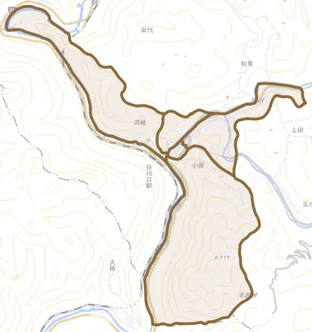 河岐とその周辺の地図。町の範囲を重ねている