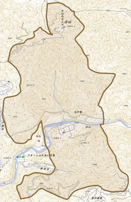 水戸野とその周辺の地図。町の範囲を重ねている
