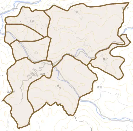 三川とその周辺の地図。町の範囲を重ねている