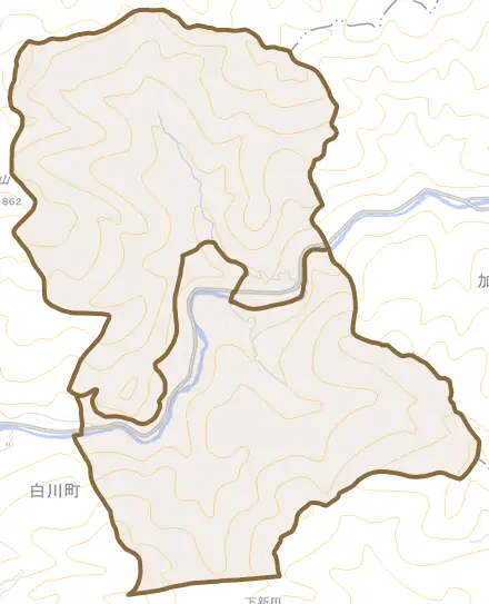 中川とその周辺の地図。町の範囲を重ねている
