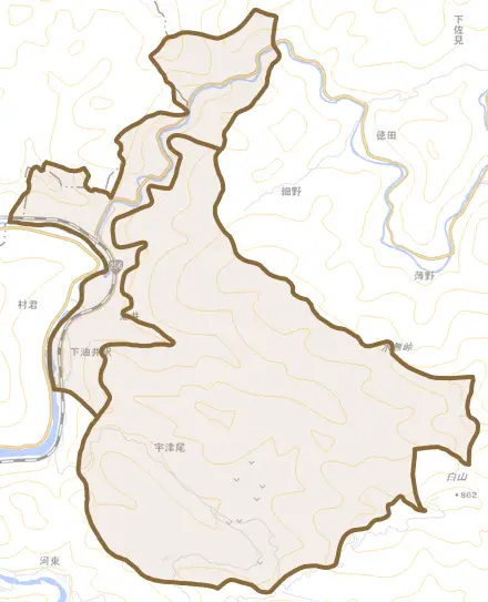 白山とその周辺の地図。町の範囲を重ねている