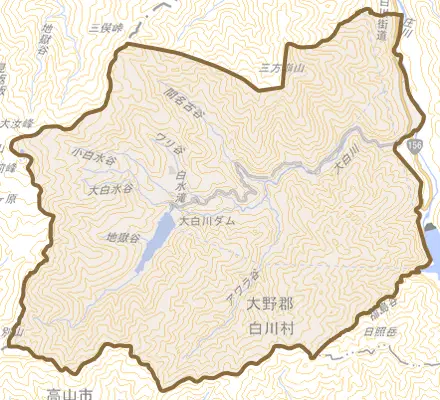 大字平瀬とその周辺の地図。町の範囲を重ねている