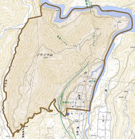 大字飯島とその周辺の地図。町の範囲を重ねている
