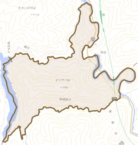 大字小白川とその周辺の地図。町の範囲を重ねている
