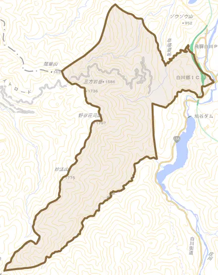 大字馬狩とその周辺の地図。町の範囲を重ねている