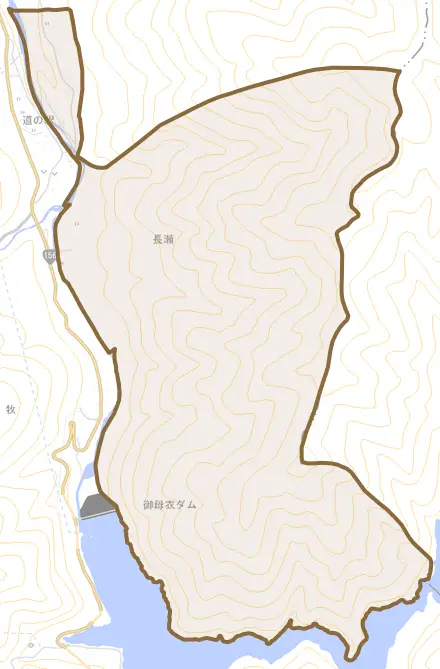 大字長瀬とその周辺の地図。町の範囲を重ねている