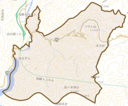 大字荻町とその周辺の地図。町の範囲を重ねている