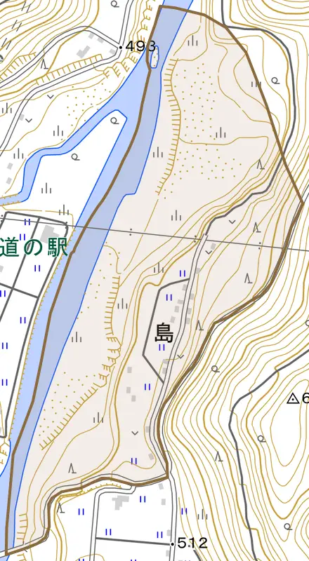 大字島とその周辺の地図。町の範囲を重ねている