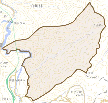 大字牛首とその周辺の地図。町の範囲を重ねている