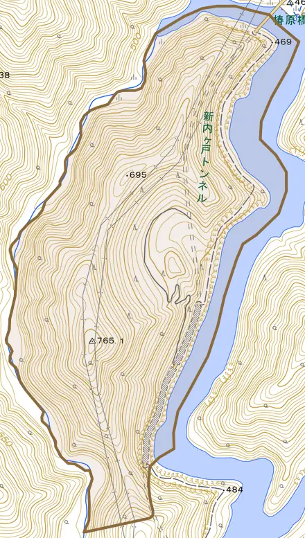 大字内ケ戸とその周辺の地図。町の範囲を重ねている