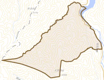 大字野谷とその周辺の地図。町の範囲を重ねている