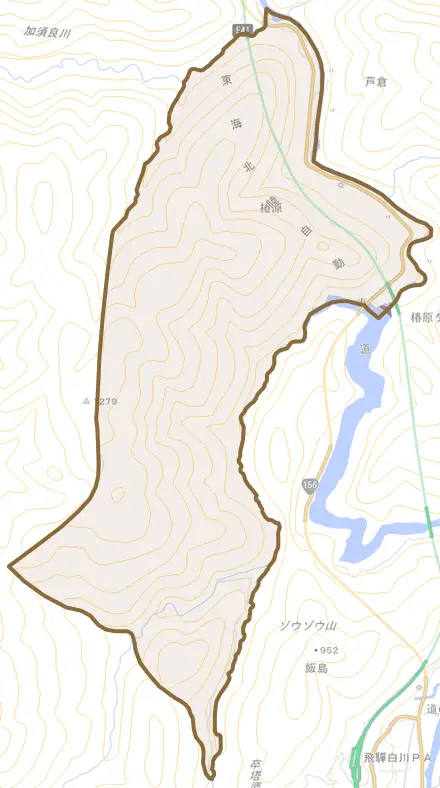 大字椿原とその周辺の地図。町の範囲を重ねている