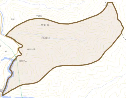 大字有家ケ原とその周辺の地図。町の範囲を重ねている