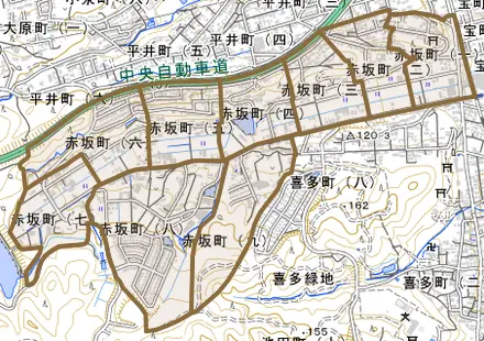 赤坂町とその周辺の地図。町の範囲を重ねている