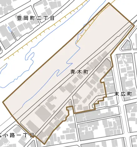 青木町とその周辺の地図。町の範囲を重ねている