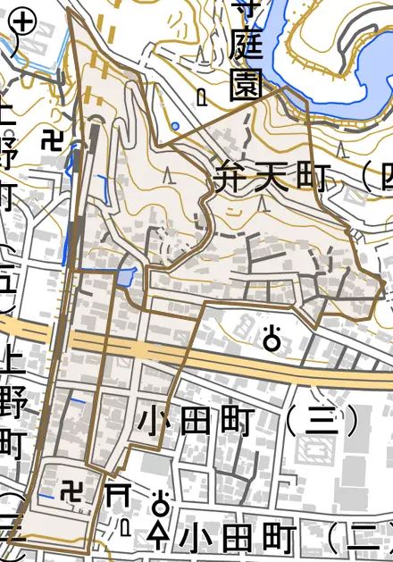 弁天町とその周辺の地図。町の範囲を重ねている