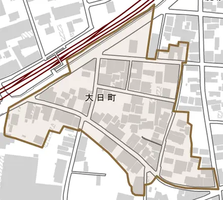 大日町とその周辺の地図。町の範囲を重ねている