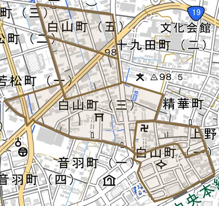 白山町とその周辺の地図。町の範囲を重ねている