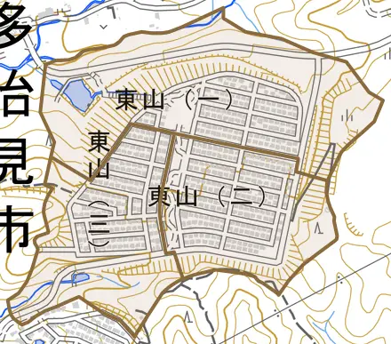 東山とその周辺の地図。町の範囲を重ねている