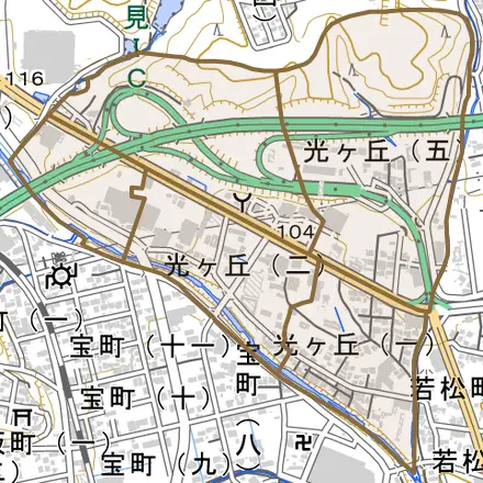 光ケ丘とその周辺の地図。町の範囲を重ねている