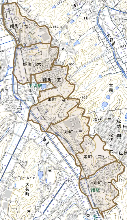 姫町とその周辺の地図。町の範囲を重ねている
