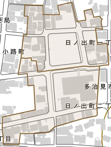 日ノ出町とその周辺の地図。町の範囲を重ねている