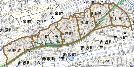平井町とその周辺の地図。町の範囲を重ねている