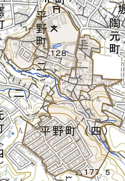 平野町とその周辺の地図。町の範囲を重ねている