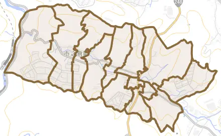 市之倉町とその周辺の地図。町の範囲を重ねている