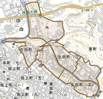 生田町とその周辺の地図。町の範囲を重ねている