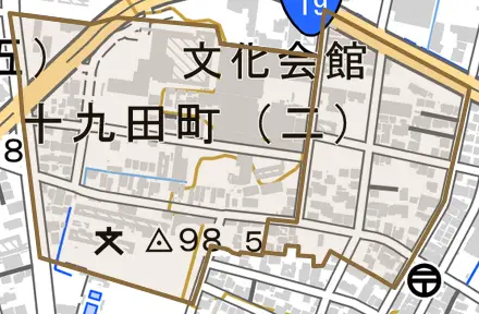 十九田町とその周辺の地図。町の範囲を重ねている