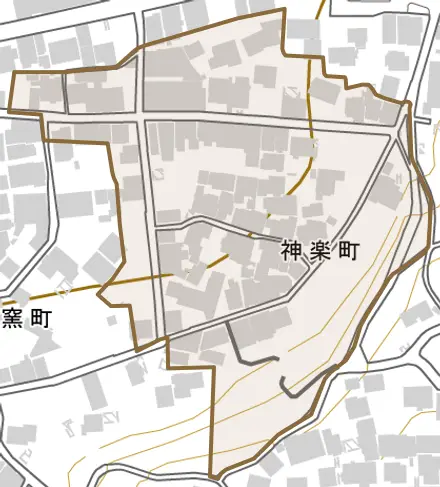 神楽町とその周辺の地図。町の範囲を重ねている