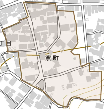 窯町とその周辺の地図。町の範囲を重ねている