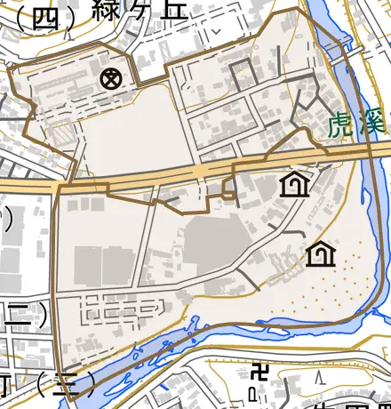 上山町とその周辺の地図。町の範囲を重ねている