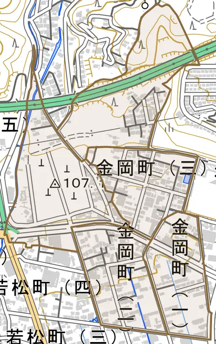 金岡町とその周辺の地図。町の範囲を重ねている