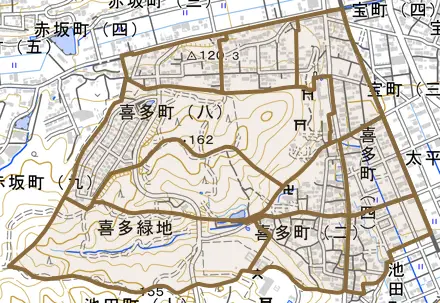 喜多町とその周辺の地図。町の範囲を重ねている