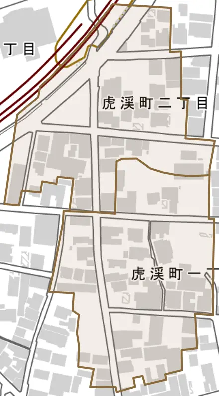 虎渓町とその周辺の地図。町の範囲を重ねている