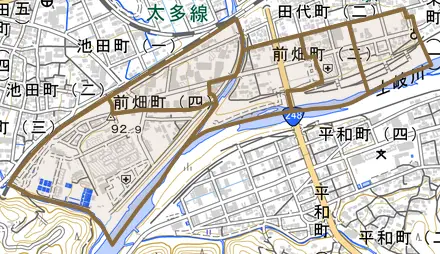 前畑町とその周辺の地図。町の範囲を重ねている
