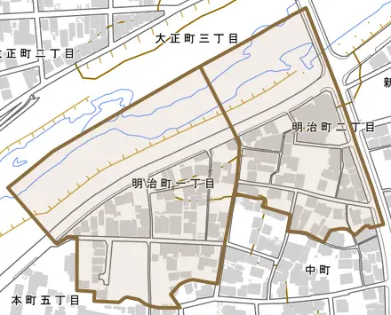 明治町とその周辺の地図。町の範囲を重ねている
