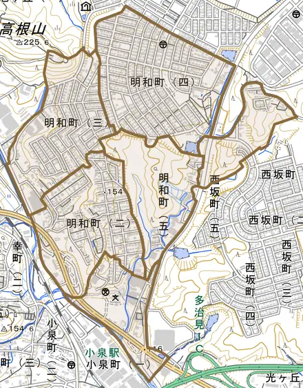 明和町とその周辺の地図。町の範囲を重ねている
