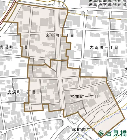 宮前町とその周辺の地図。町の範囲を重ねている
