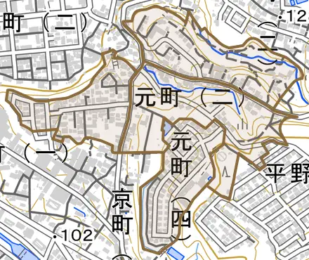 元町とその周辺の地図。町の範囲を重ねている