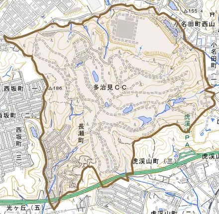 長瀬町とその周辺の地図。町の範囲を重ねている
