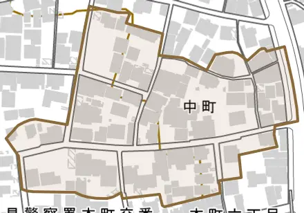中町とその周辺の地図。町の範囲を重ねている