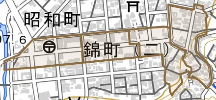 錦町とその周辺の地図。町の範囲を重ねている