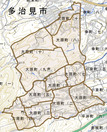 大原町とその周辺の地図。町の範囲を重ねている