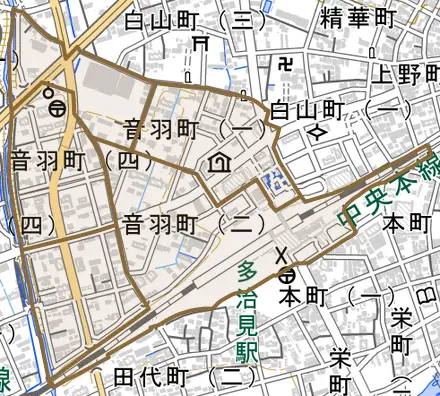 音羽町とその周辺の地図。町の範囲を重ねている
