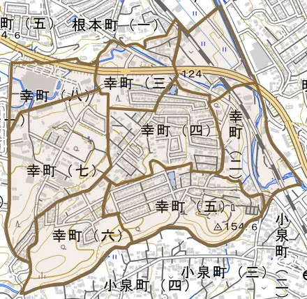 幸町とその周辺の地図。町の範囲を重ねている