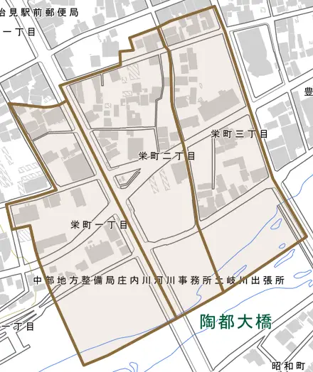 栄町とその周辺の地図。町の範囲を重ねている