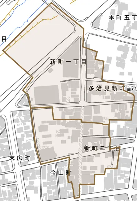 新町とその周辺の地図。町の範囲を重ねている